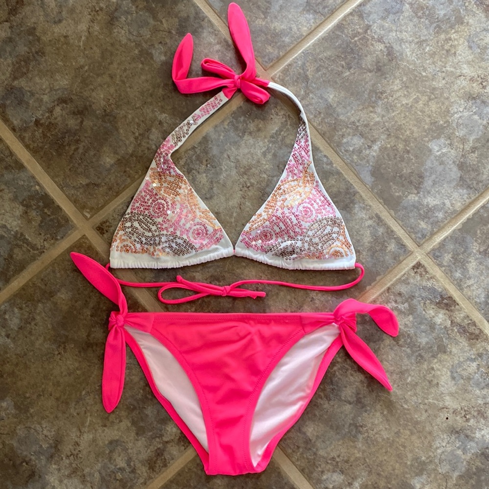 Venus sequined hot pink halter bikini with tie sides/ sz 2.